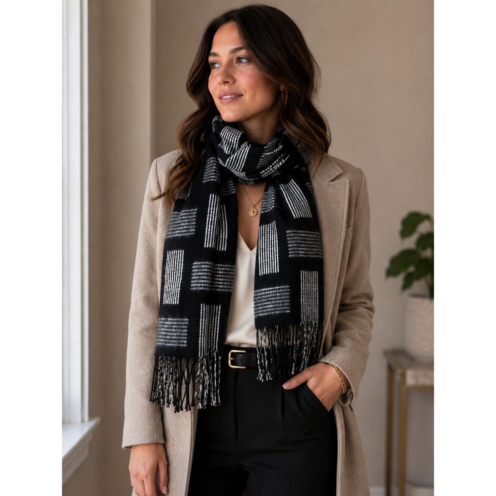 Cashmere Scarf Womens Black White Plaid Fringe Made In Scotland Career Luxury